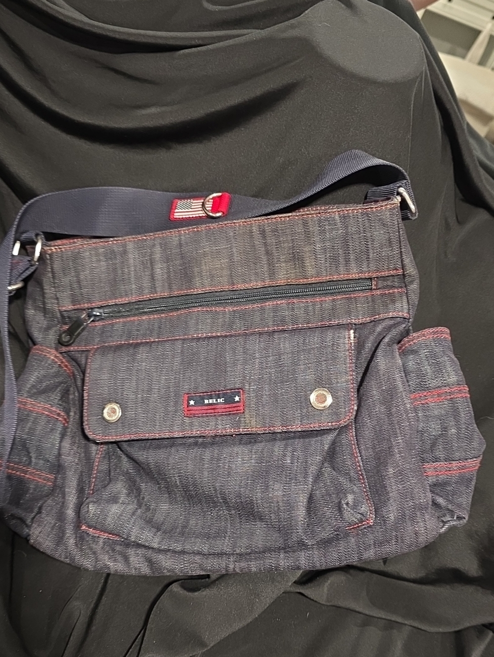 Relic Denim Shoulder Bag with Red Stitching Accents